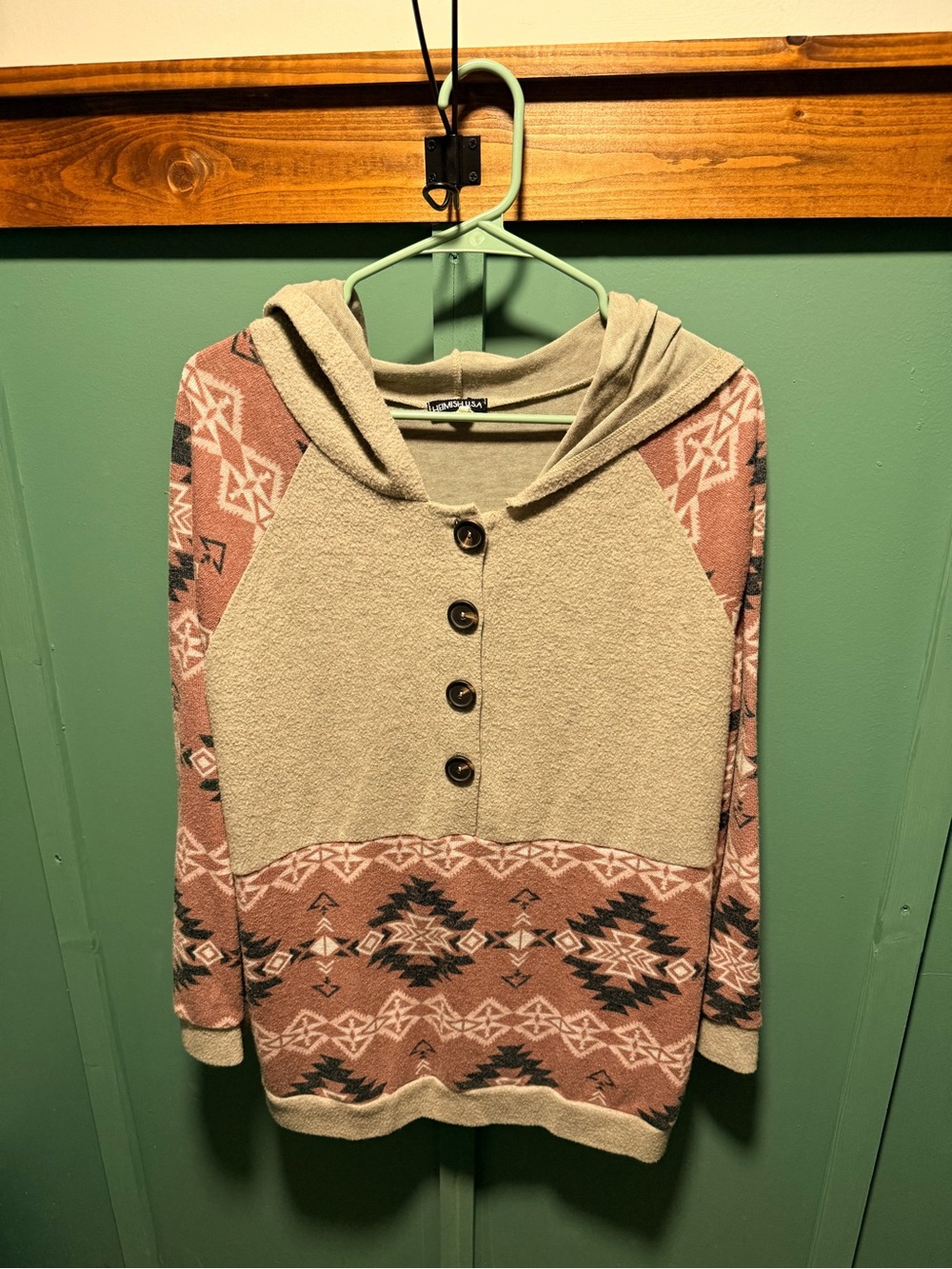 HEIMISH USA Aztec Hooded Button Pullover in Beige and Dusty Pink